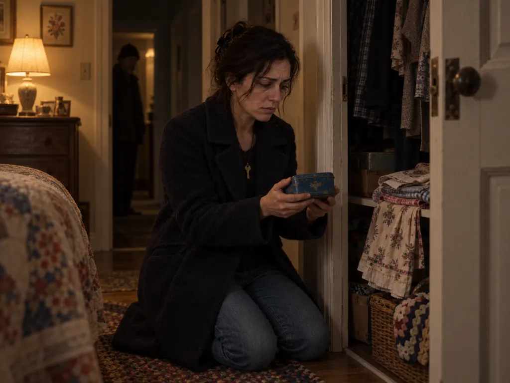 Mara discovers the hidden blue tin in her mother's closet at night.