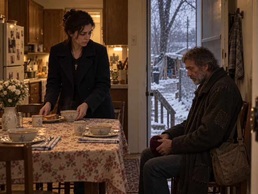 Samuel sits inside Ruth's kitchen for breakfast as Mara sets the table.