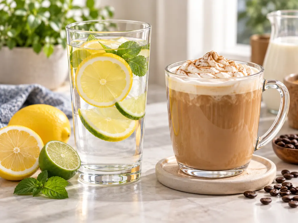 A glass of citrus water beside a sweet creamy coffee drink on a neutral counter.