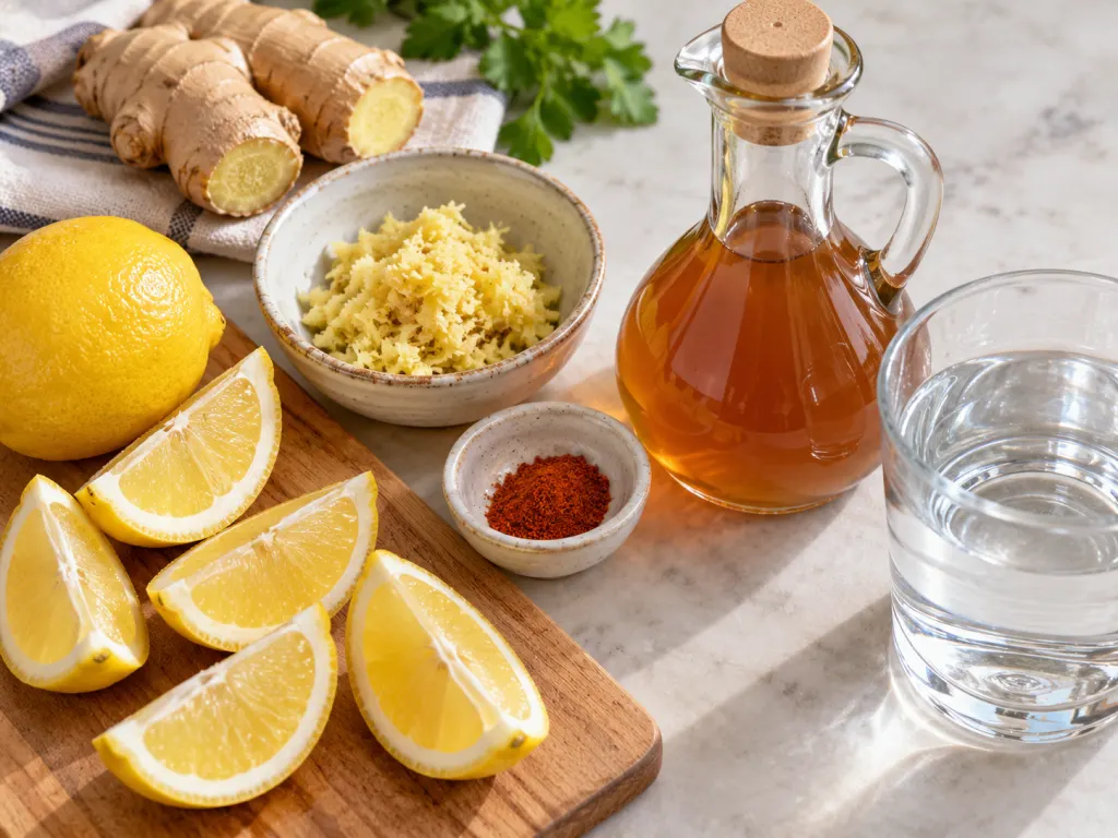 Lemon, ginger, cayenne, vinegar, and water arranged as morning drink ingredients.