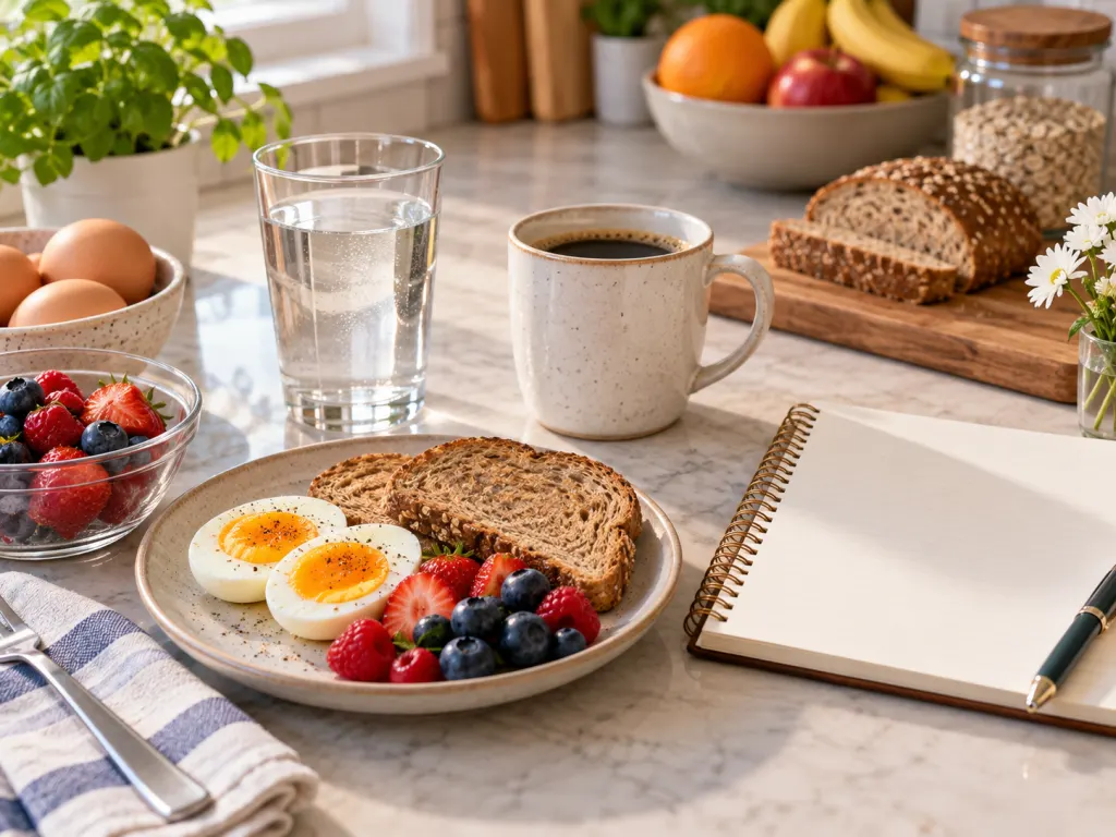 A balanced breakfast setting with water, coffee, eggs, toast, and berries.