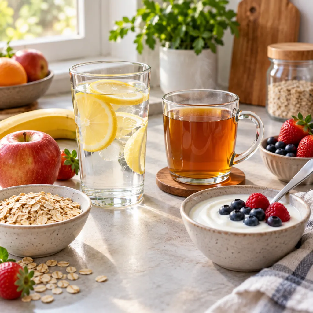 A morning kitchen counter with lemon water, tea, fruit, oats, and yogurt.