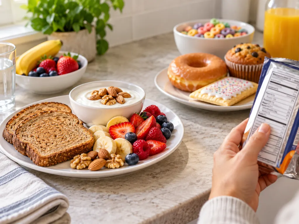 A kitchen counter showing a whole-food breakfast option beside packaged breakfast foods and a label being checked.