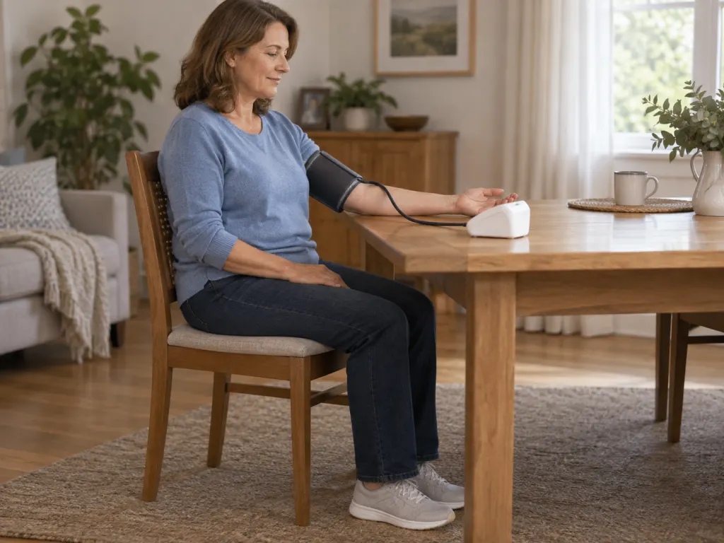 An adult sits with proper posture while using an upper-arm home blood pressure monitor at a table.