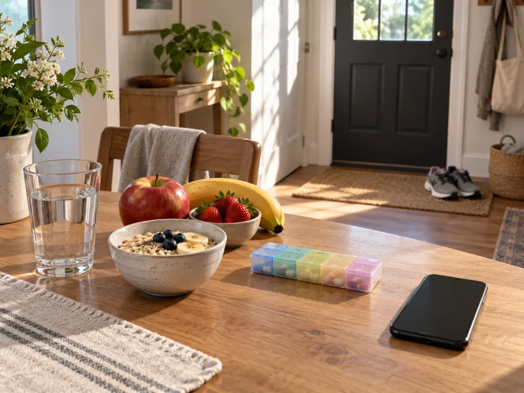 Morning routine objects arranged on a table with breakfast ingredients, water, a closed medicine organizer, shoes, and a phone set aside.