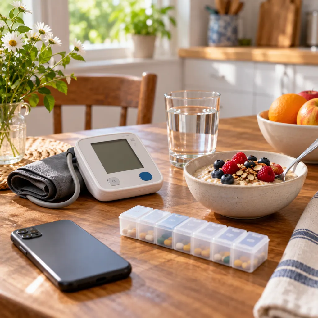 A calm morning table with a blood pressure monitor, simple breakfast, water, closed pill organizer, and phone face down.