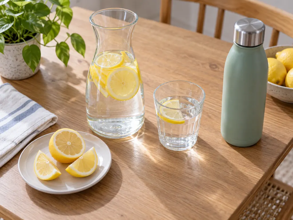 A water carafe, glass, reusable bottle, and lemon wedges arranged for a morning drink.