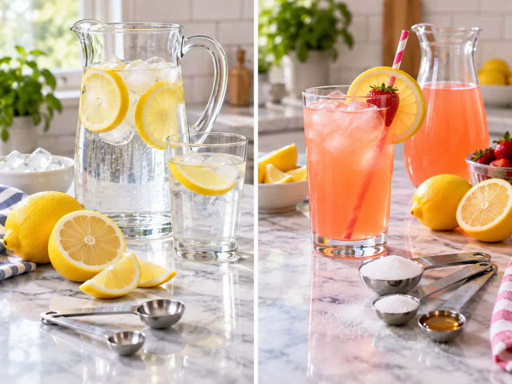 Unsweetened lemon water ingredients shown beside sweet drink ingredients in a kitchen scene.