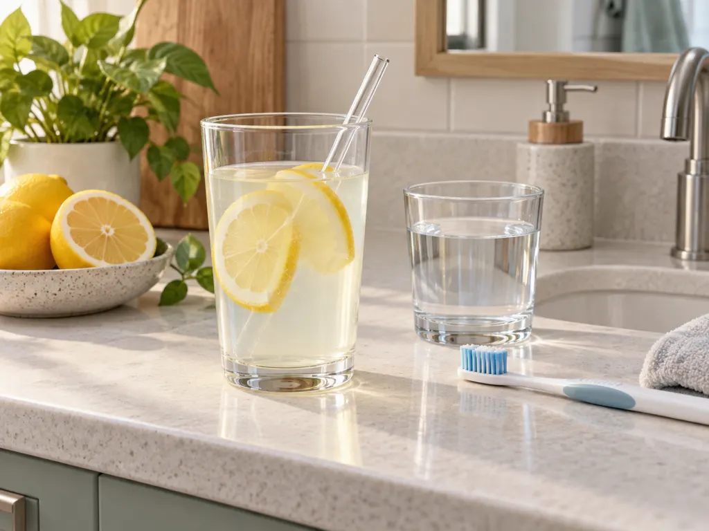 A glass of diluted lemon water with a straw and plain water nearby for a gentle dental habit.