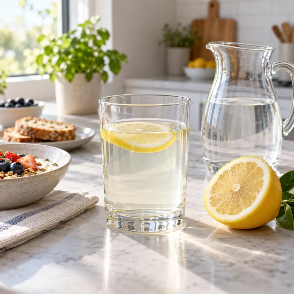 A glass of lemon water with fresh lemon on a bright kitchen counter.