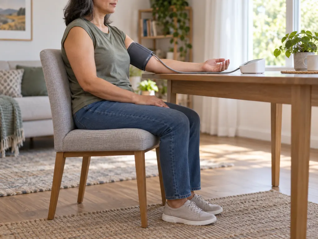 An adult sits correctly with an upper-arm blood pressure cuff, feet flat and arm supported.