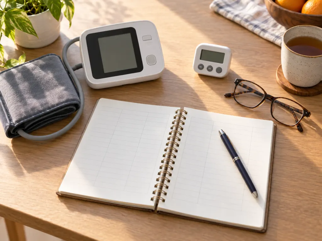 A home monitoring station with a blood pressure cuff, blank logbook, pen, glasses, and timer.