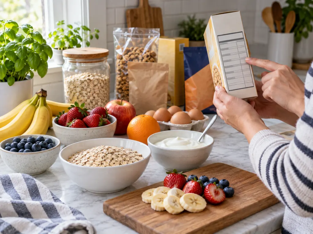 Hands compare breakfast foods near fresh ingredients and packaged items with unreadable labels.
