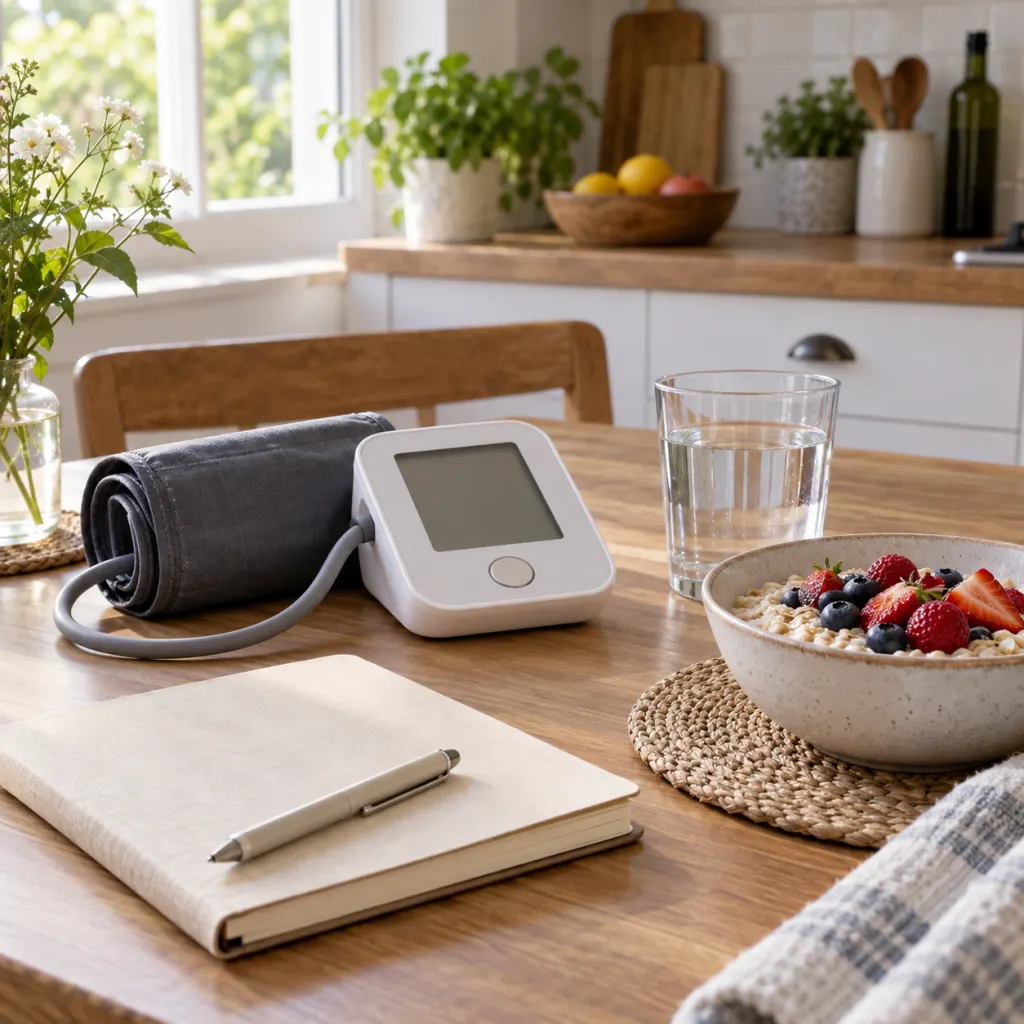 A home blood pressure monitor, notebook, water, and simple breakfast arranged on a morning table.