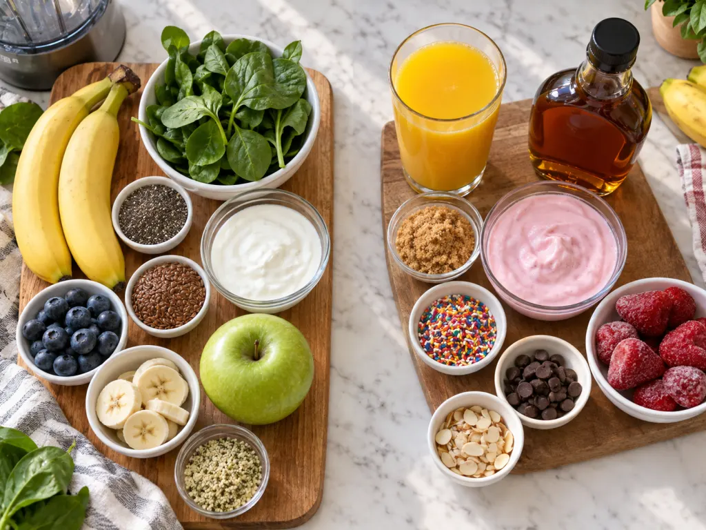 Two smoothie ingredient layouts showing whole-food choices beside sweeter add-ins.