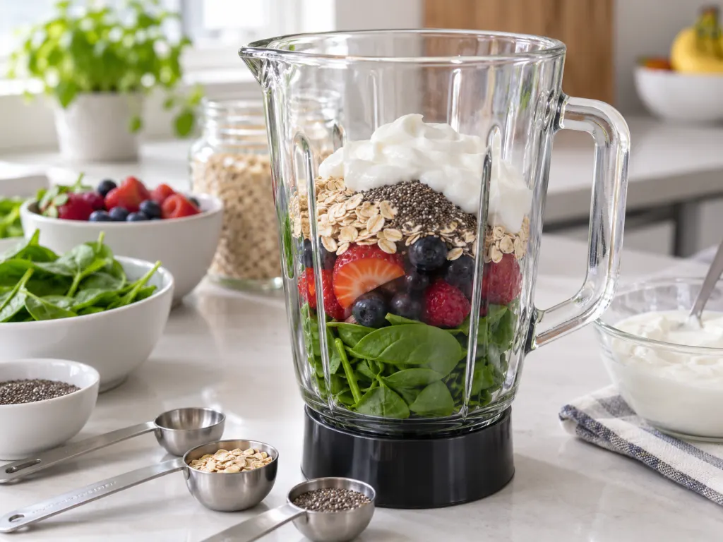 A blender jar filled with greens, berries, oats, chia seeds, and plain yogurt before blending.