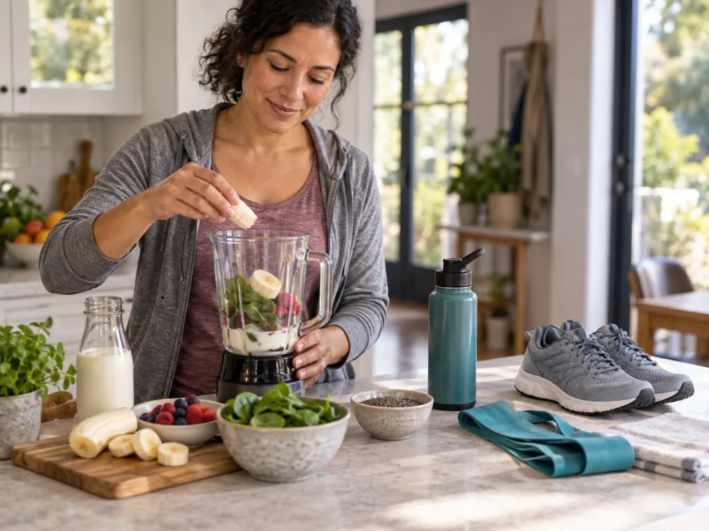 An adult preparing a smoothie breakfast with walking shoes and an exercise band nearby.