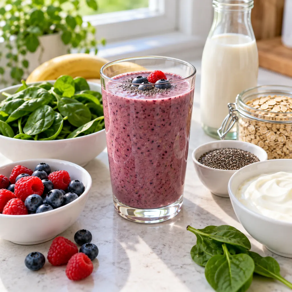 A balanced smoothie with whole fruit, greens, oats, seeds, and plain yogurt ingredients on a kitchen counter.
