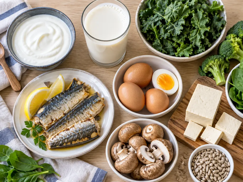A nutrition spread with yogurt, greens, fish, eggs, mushrooms, and a glass of milk alternative.