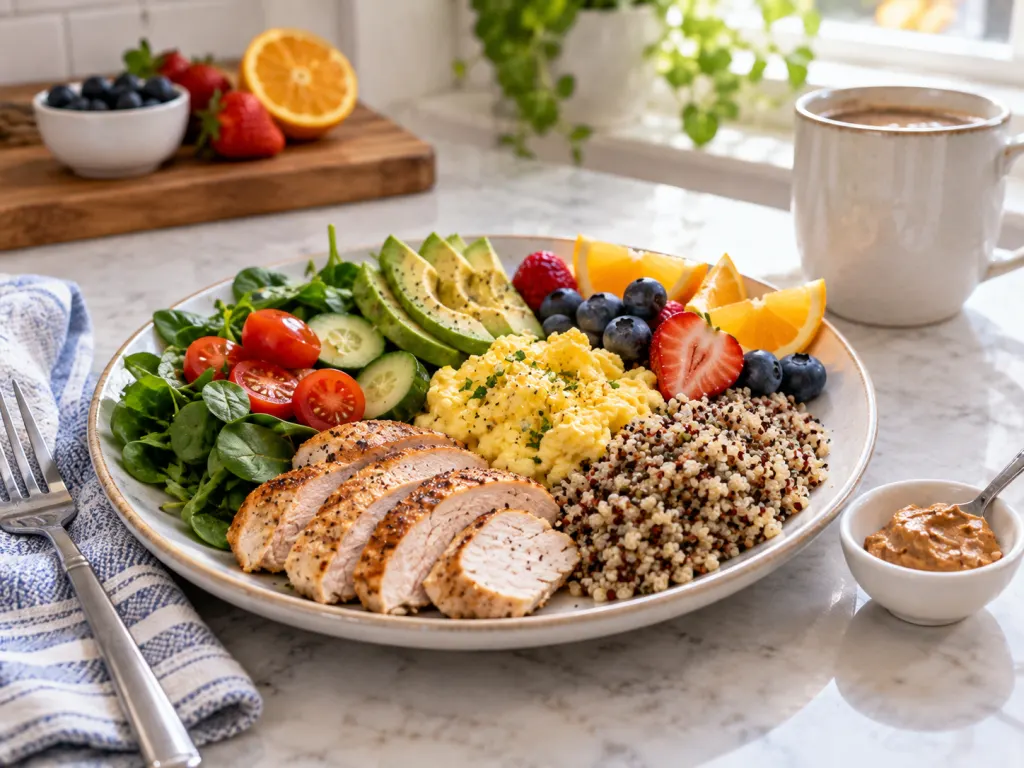 A balanced breakfast plate with vegetables, protein, whole grains, fruit, and nut butter.