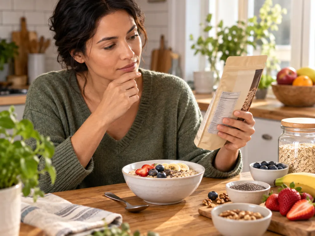 A person reviews a food label beside oatmeal, fruit, seeds, and a spoon.