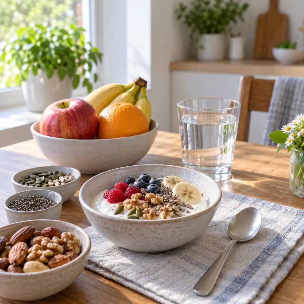 A balanced breakfast setting with a spoon, yogurt, seeds, nuts, fruit, and water.