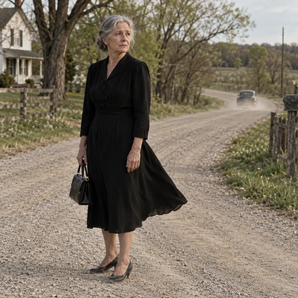 A widowed mother stands alone on a dusty rural road holding her purse.