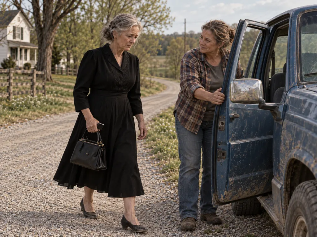 A friend arrives in a blue pickup to help Naomi on the rural road.