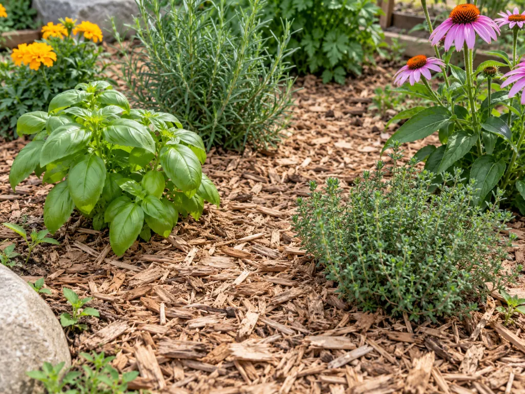 A mulched garden bed with healthy plants and only a few tiny weed seedlings visible.