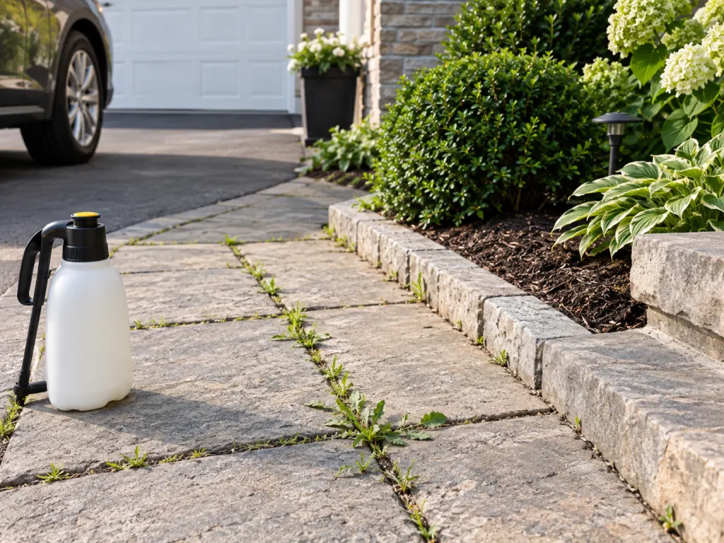 Weeds grow in pavement cracks near protected shrubs and planted soil.