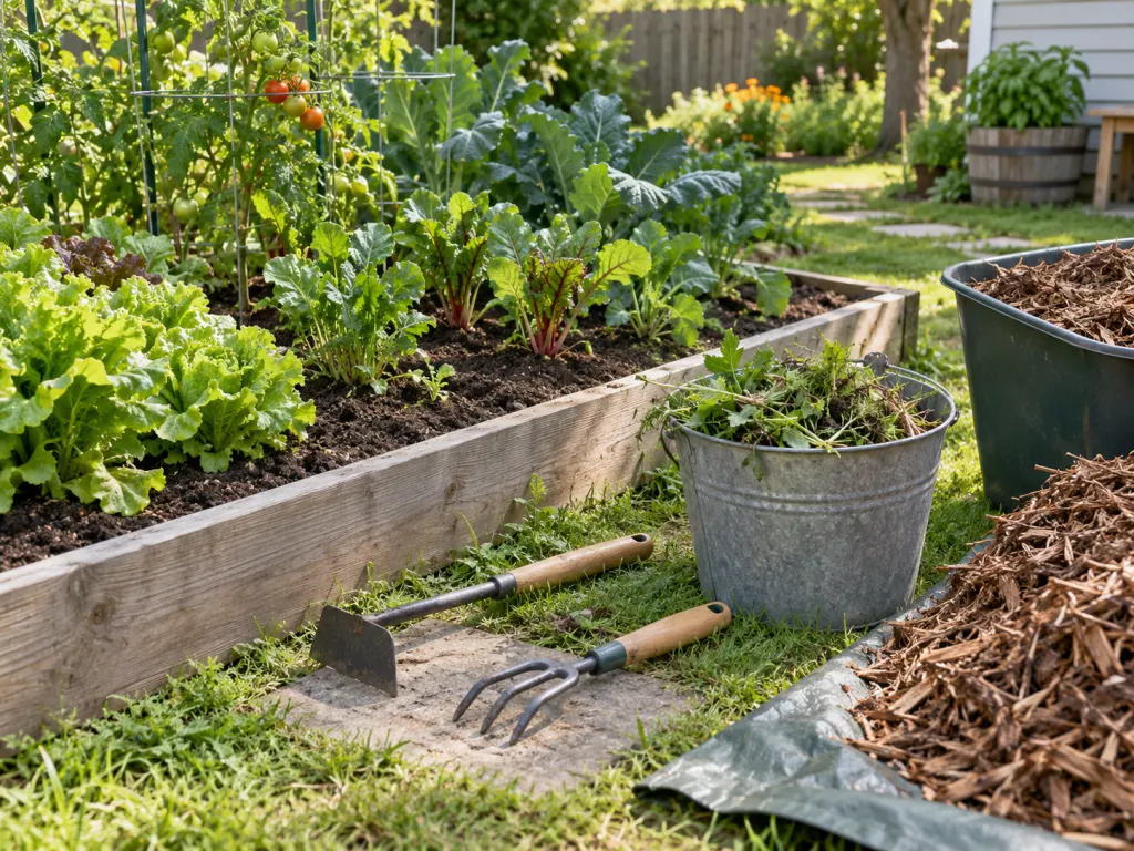 Hand tools, removed weeds, and mulch sit beside a vegetable bed for natural weed control.