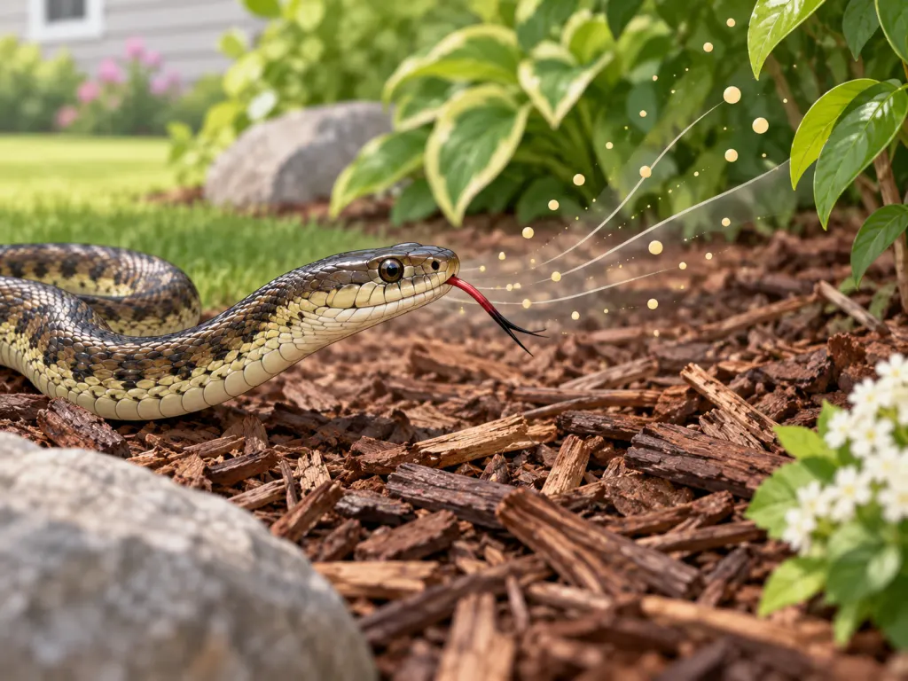 An educational illustration of a snake sensing odor particles near garden mulch