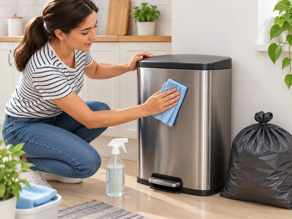 A person cleaning the outside of a closed trash bin as part of fly prevention.