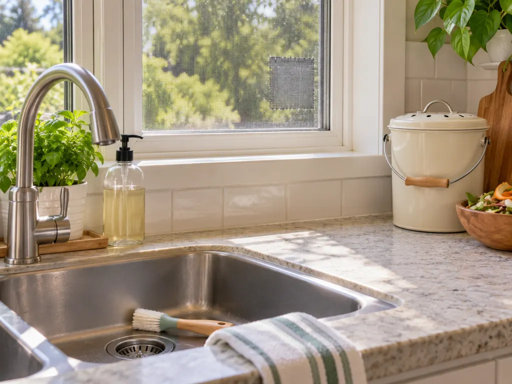 A clean sink and compost area showing drain cleaning and screen repair for fly control.
