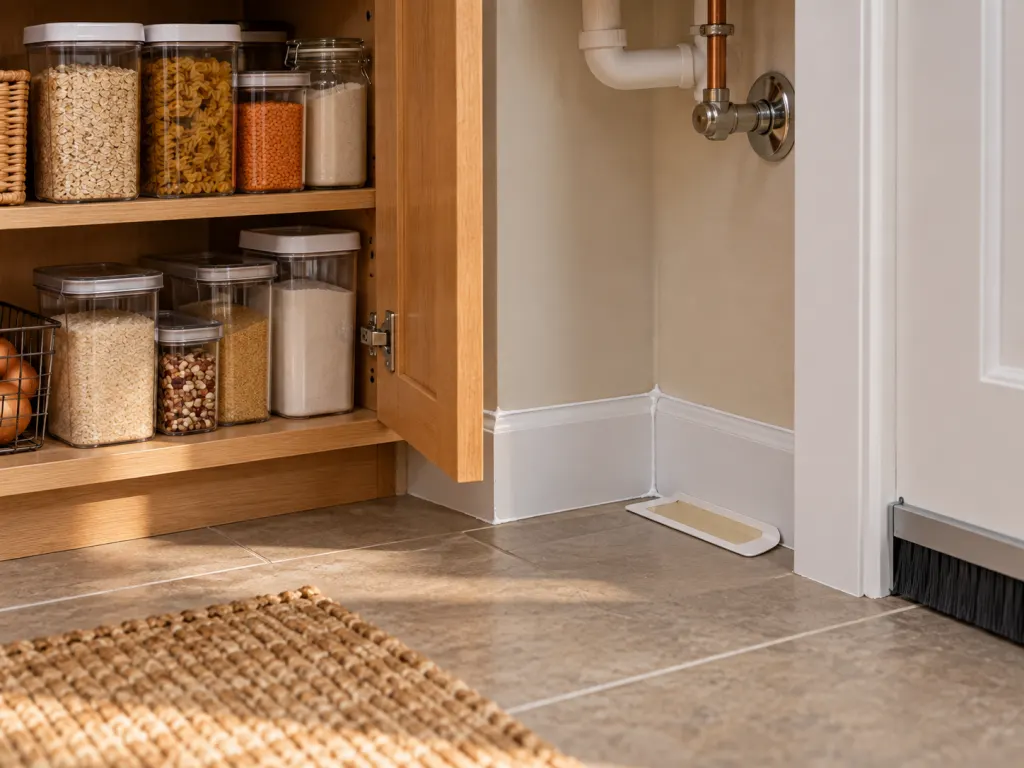 A dry sealed kitchen cabinet area with monitoring and sealing tools for cockroach prevention.