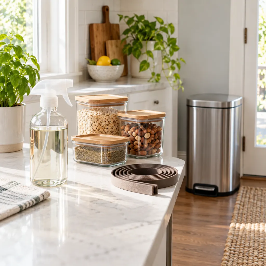 A clean kitchen setup with a spray bottle, sealed containers, and home pest prevention supplies.