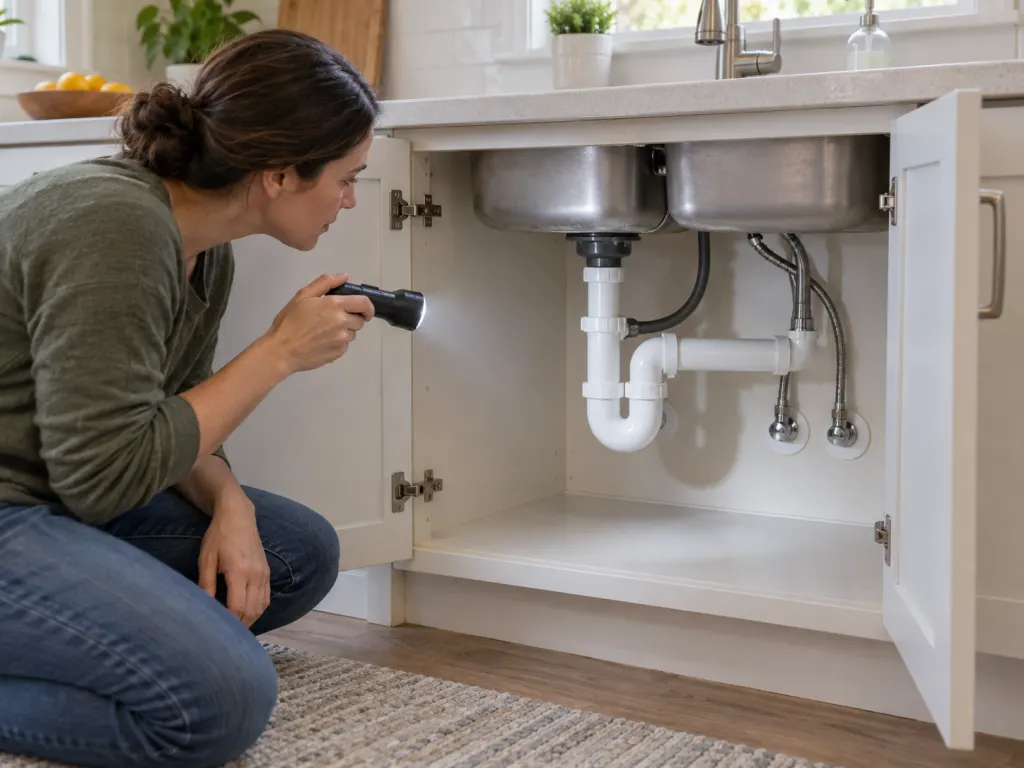 A person inspecting a dry sink cabinet with sealed pipe gaps and no clutter.