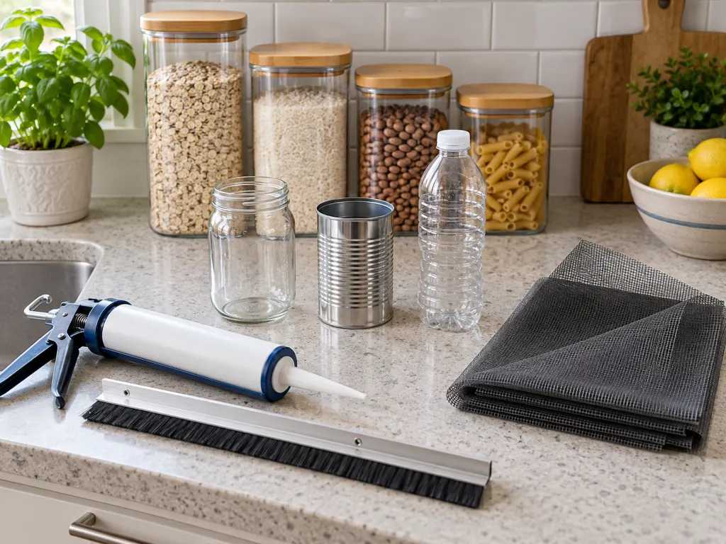 Household insect prevention supplies arranged on a clean counter, including sealed containers, caulk, and screen mesh.