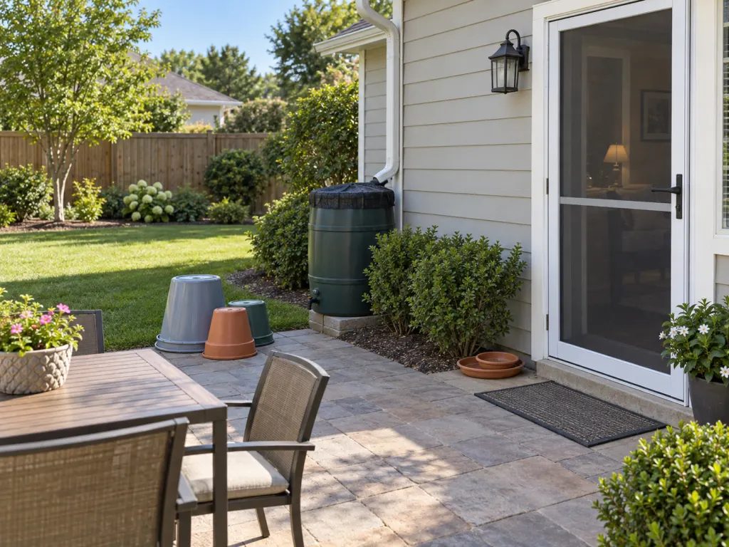 A tidy patio with overturned containers, covered water storage, empty saucers, trimmed plants, and a closed screen door.
