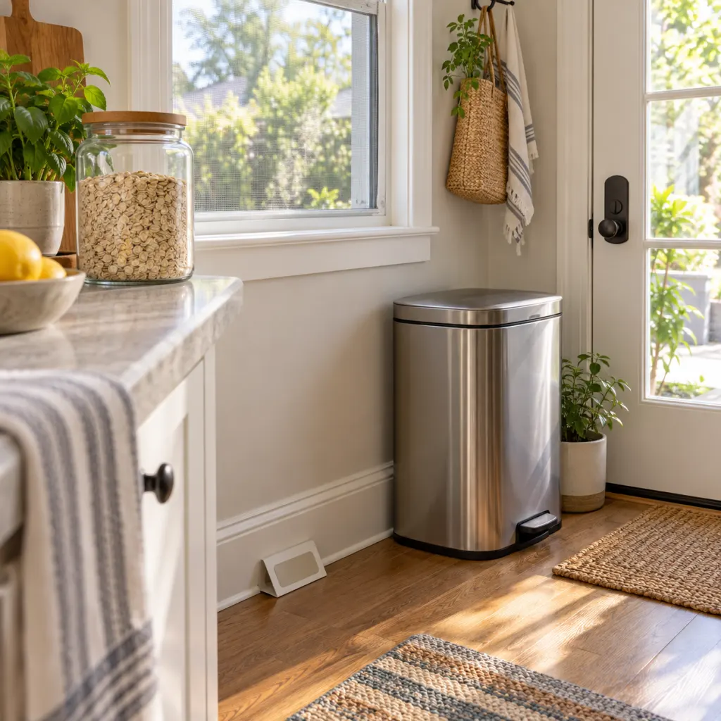 A clean kitchen setup showing sealed food storage, a window screen, a covered bin, and a discreet insect monitoring trap.