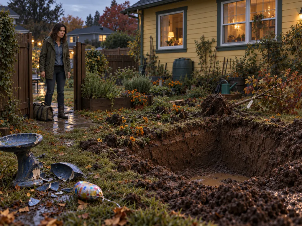 Lina stands frozen at the gate as she sees the excavated yard