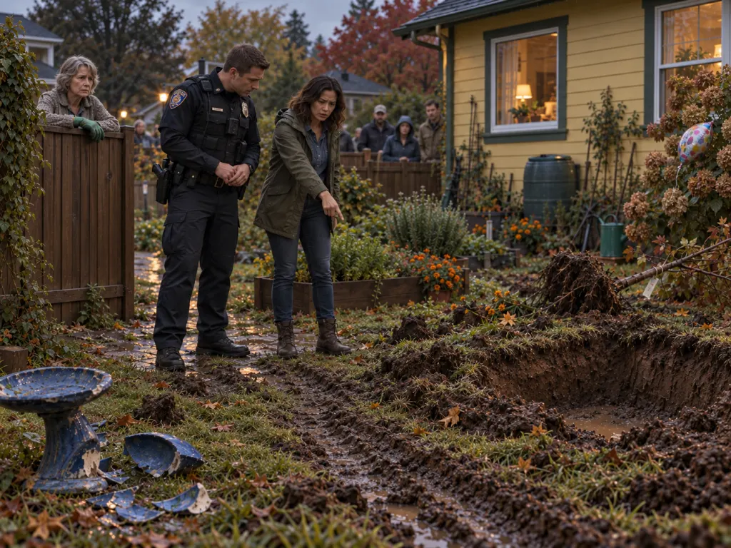 Lina and June speak with an officer beside the damaged backyard