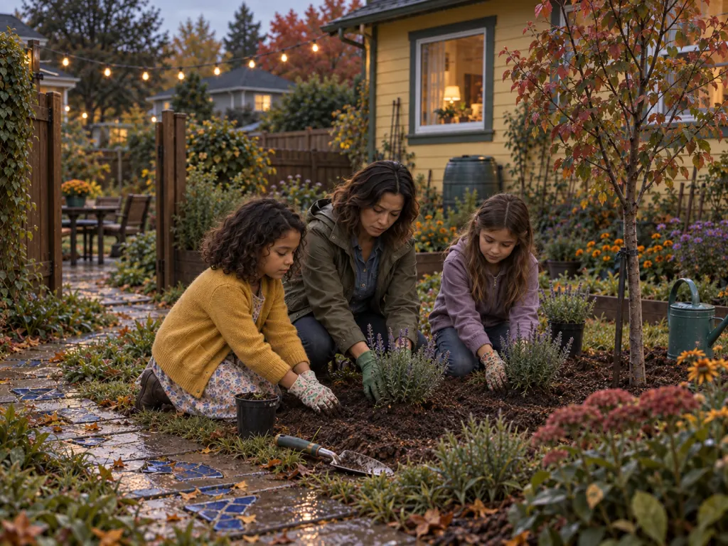 Lina and Olive plant lavender in the repaired backyard months later