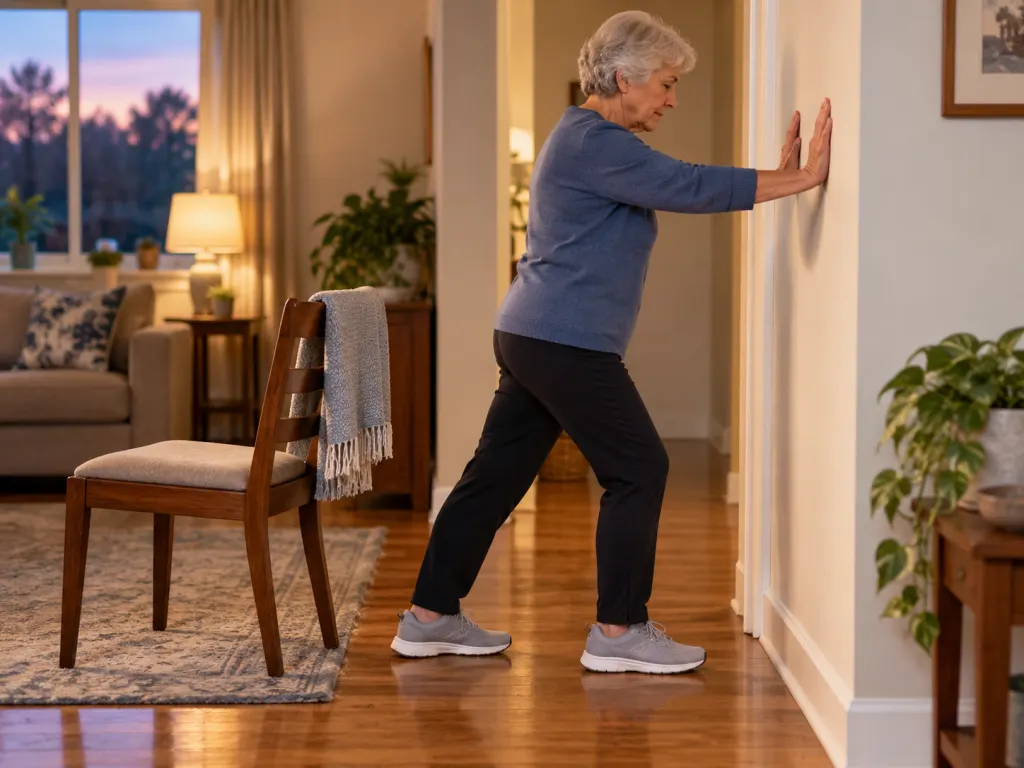 Older adult gently stretching a calf near a wall with a chair nearby.