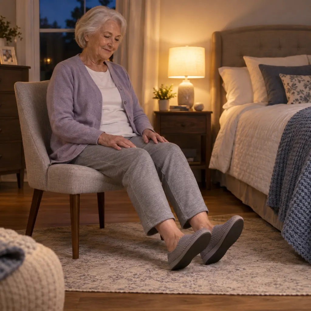 Senior seated by a bed doing gentle ankle movement in supportive slippers.