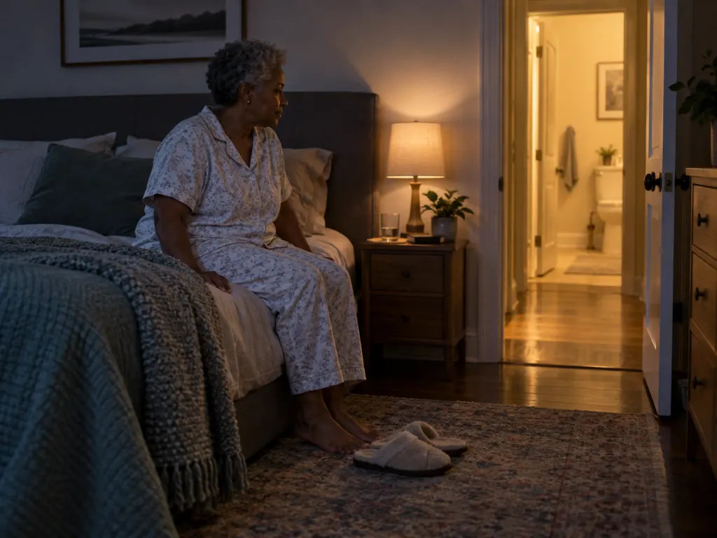 An adult sitting on the edge of a bed at night near a softly lit hallway.