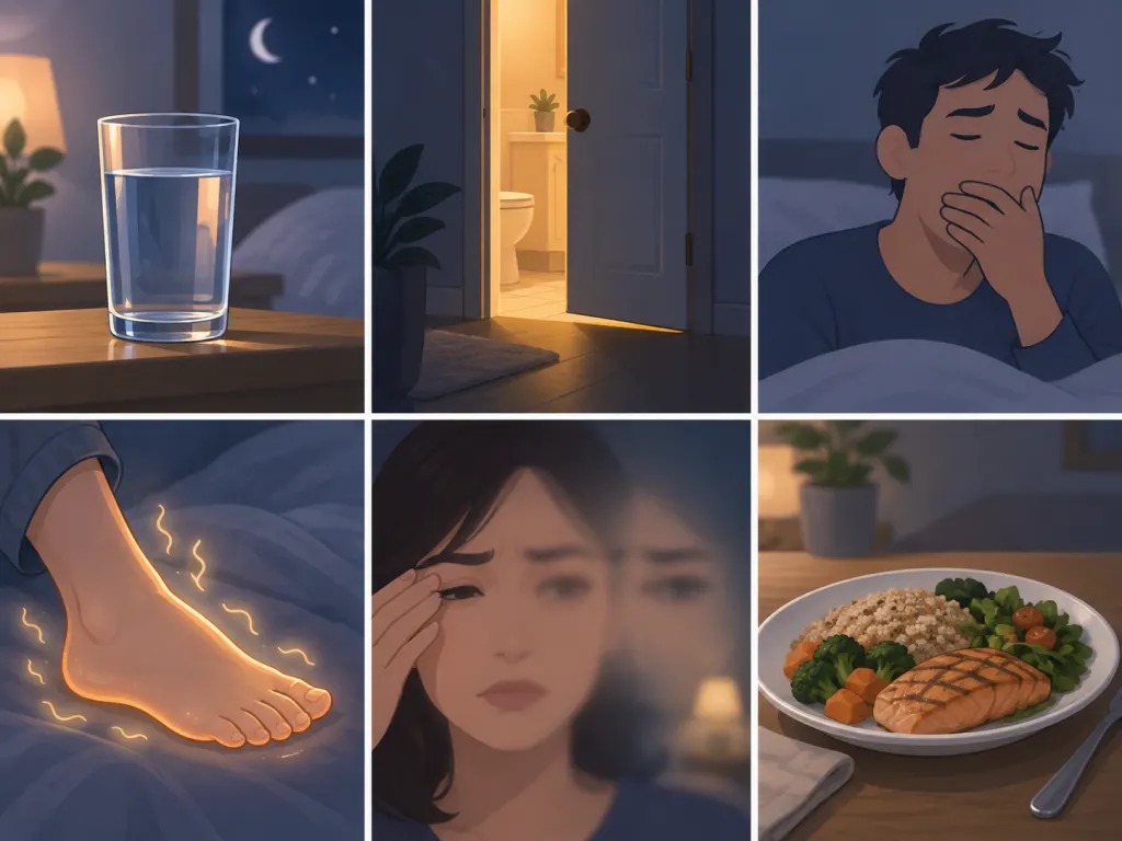 A calm illustration of nighttime symptom cues represented by simple objects and silhouettes.
