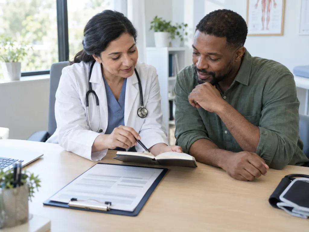 A clinician and patient review a symptom notebook during a calm medical visit.