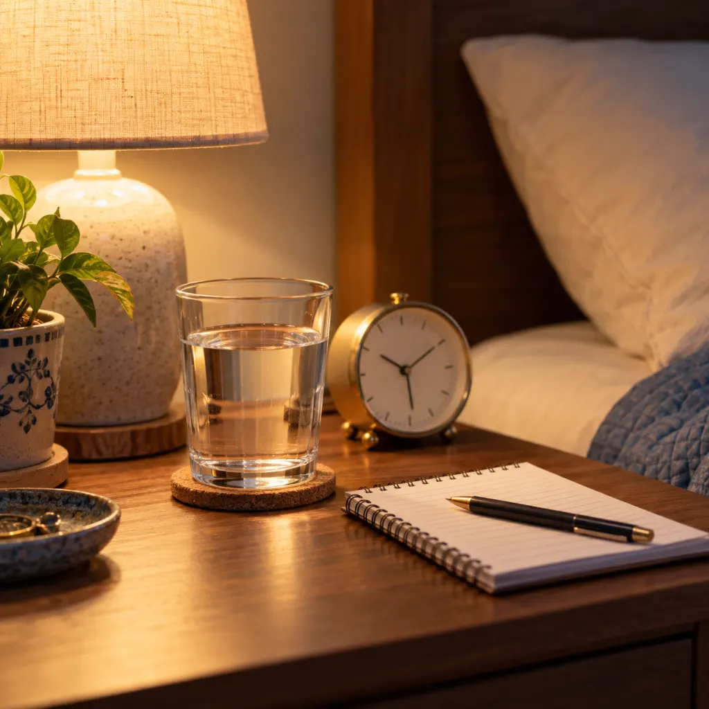 A bedside table with water, a clock, and a notebook in soft nighttime light.