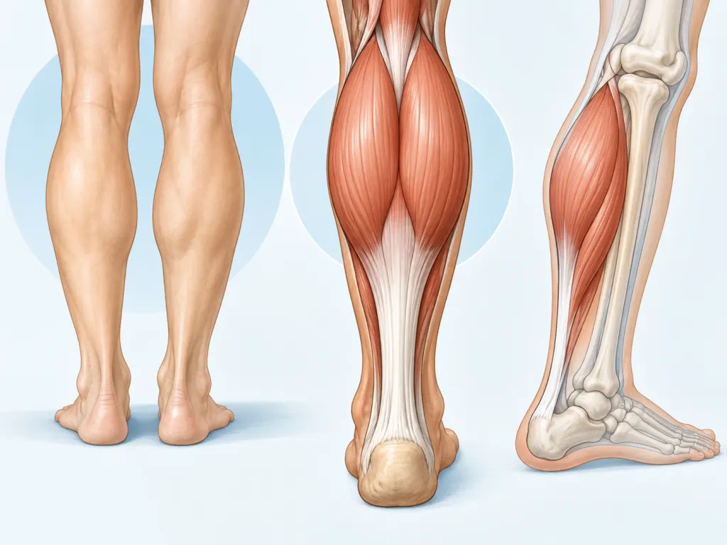 Educational anatomical illustration of the lower leg highlighting the calf muscle and Achilles tendon